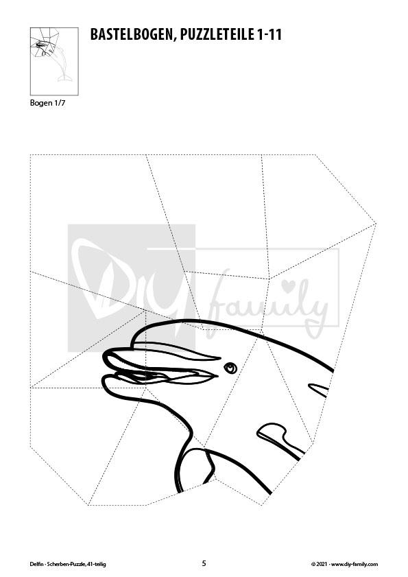 Delfin – Scherben-Puzzle zum Ausdrucken, Ausschneiden und Ausmalen