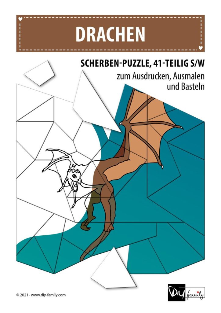 Drachen – Scherben-Puzzle zum Ausdrucken, Ausschneiden und Ausmalen