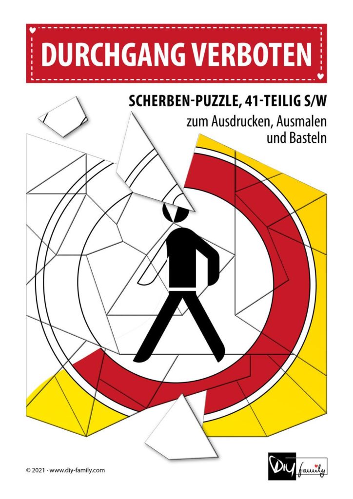 Durchgang verboten – Scherben-Puzzle zum Ausdrucken, Ausschneiden und Ausmalen