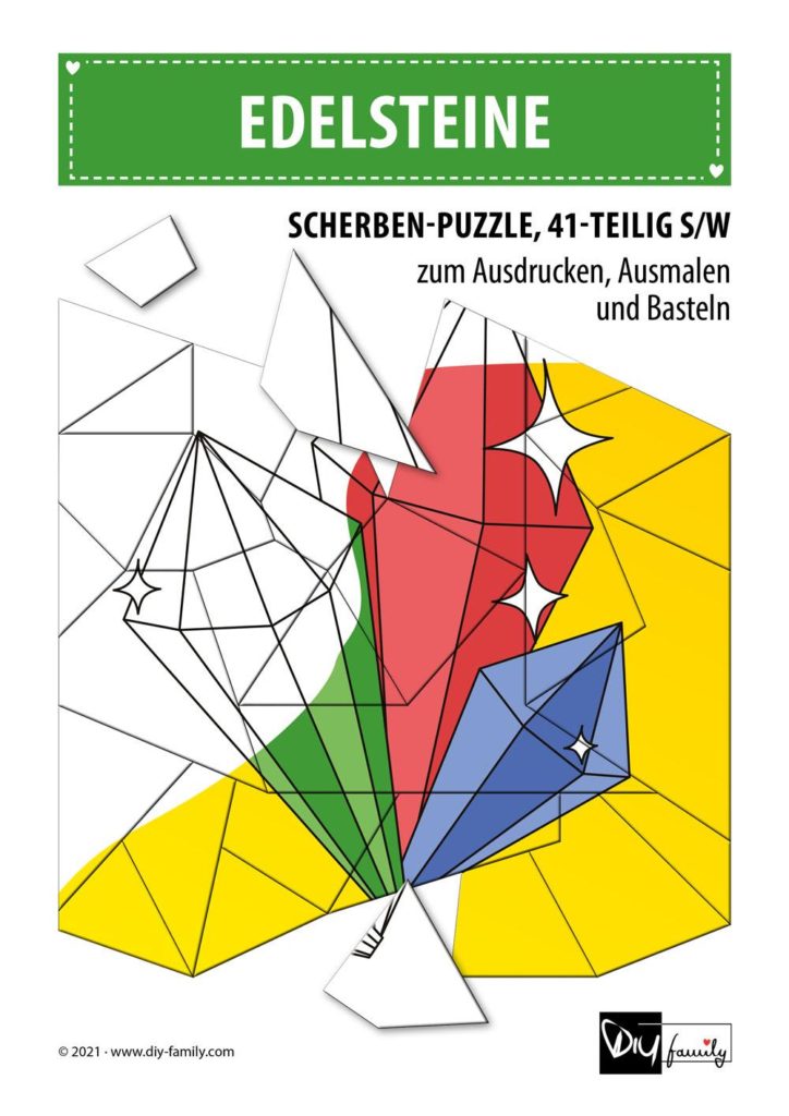 Edelsteine – Scherben-Puzzle zum Ausdrucken, Ausschneiden und Ausmalen