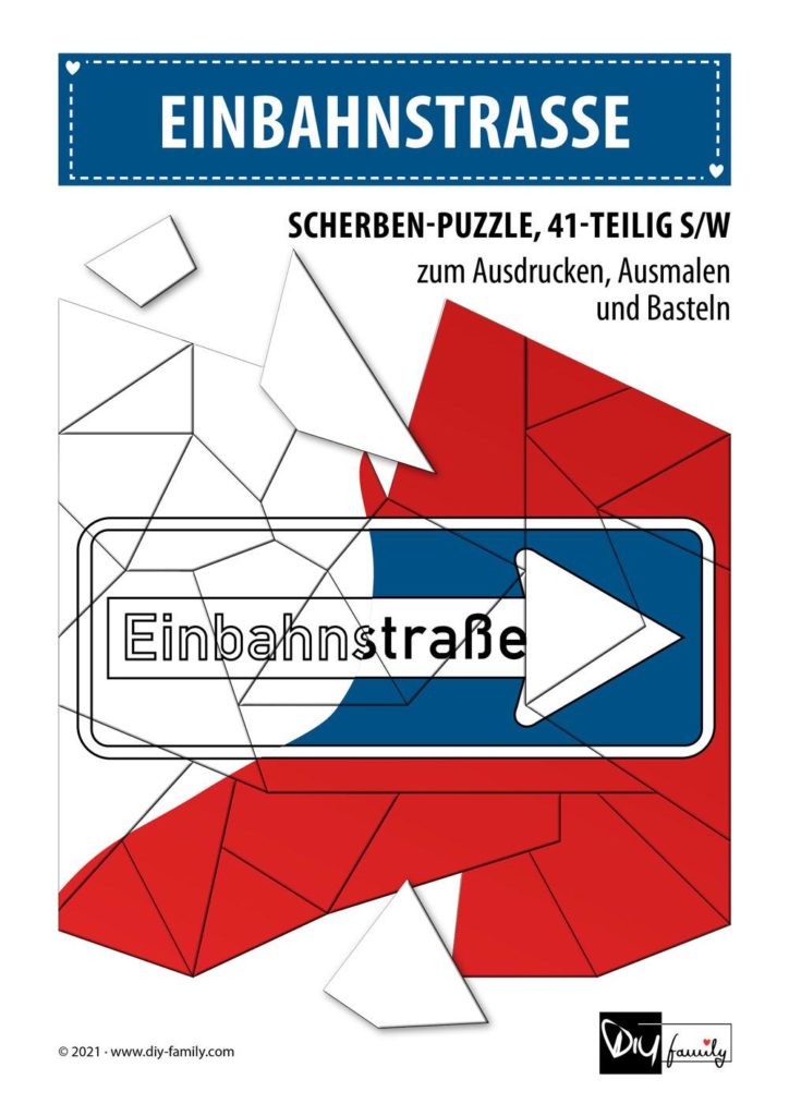 Einahnstraße – Scherben-Puzzle zum Ausdrucken, Ausschneiden und Ausmalen