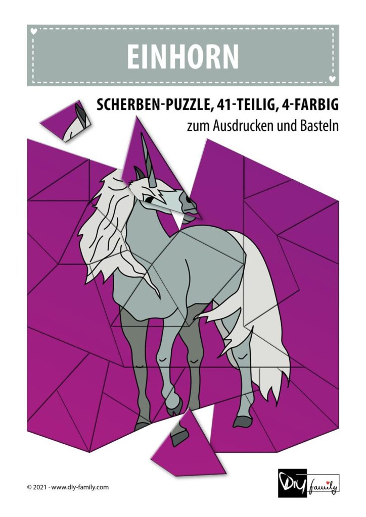 Einhorn – Scherben-Puzzle zum Ausdrucken und Ausschneiden