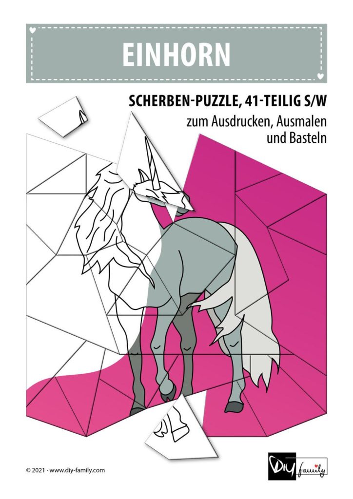 Einhorn – Scherben-Puzzle zum Ausdrucken, Ausschneiden und Ausmalen