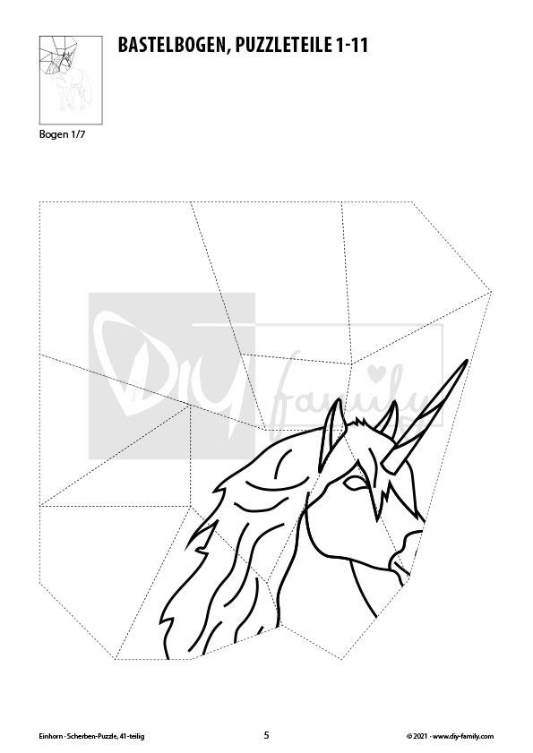 Einhorn – Scherben-Puzzle zum Ausdrucken, Ausschneiden und Ausmalen