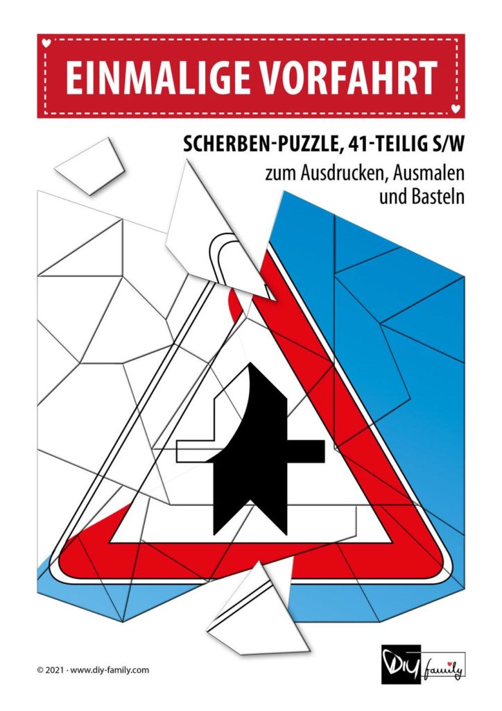 Einmalige Vorfahrt – Scherben-Puzzle zum Ausdrucken, Ausschneiden und Ausmalen