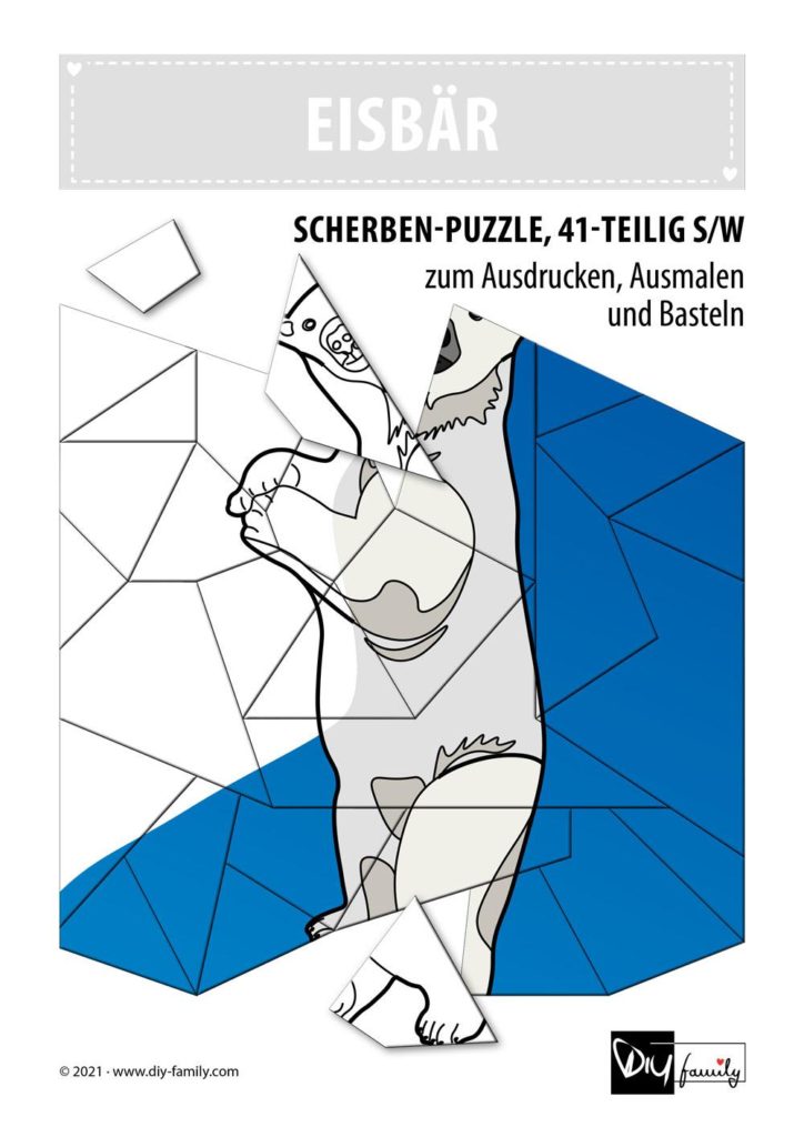 Eisbär – Scherben-Puzzle zum Ausdrucken, Ausschneiden und Ausmalen
