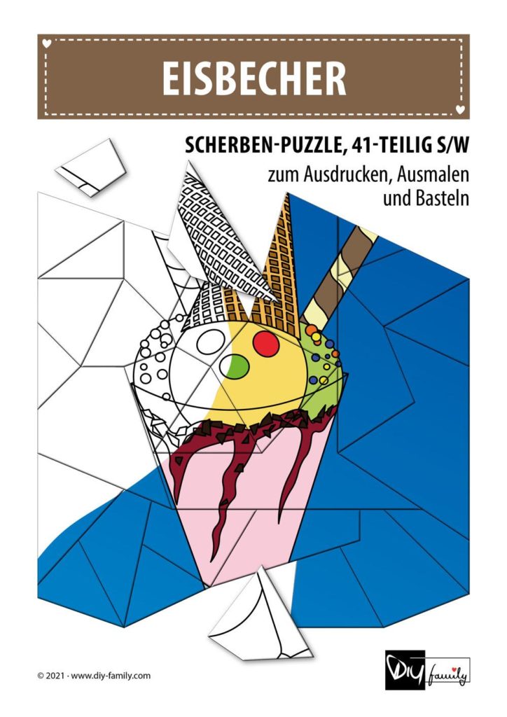 Eisbecher – Scherben-Puzzle zum Ausdrucken, Ausschneiden und Ausmalen