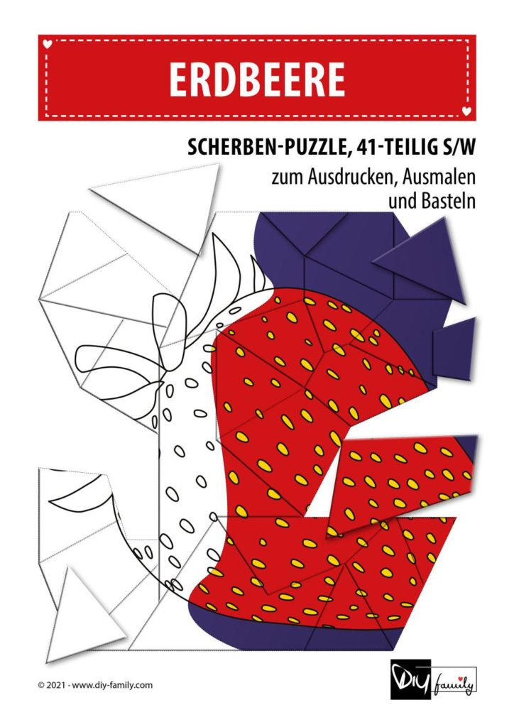Erdbeere – Scherben-Puzzle zum Ausdrucken, Ausschneiden und Ausmalen