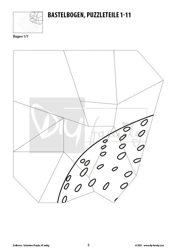 Erdbeere – Scherben-Puzzle zum Ausdrucken, Ausschneiden und Ausmalen