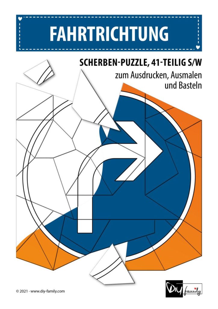 Fahrtrichtung – Scherben-Puzzle zum Ausdrucken, Ausschneiden und Ausmalen