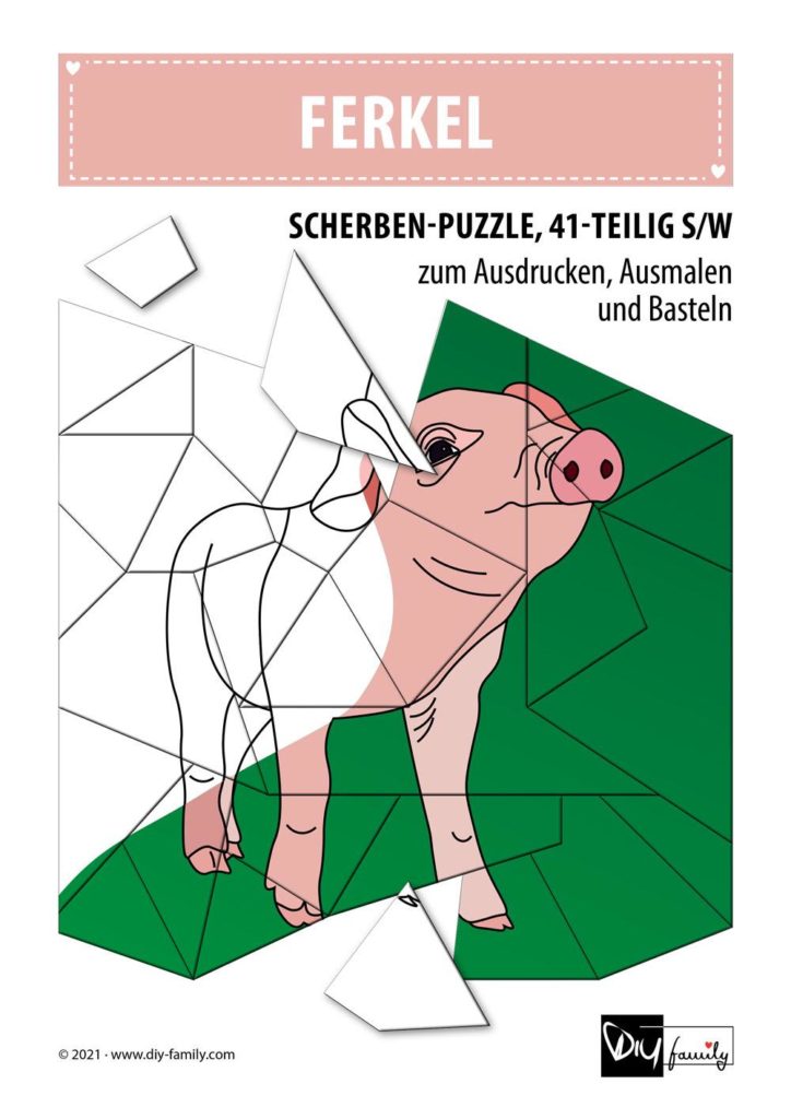 Ferkel – Scherben-Puzzle zum Ausdrucken, Ausschneiden und Ausmalen