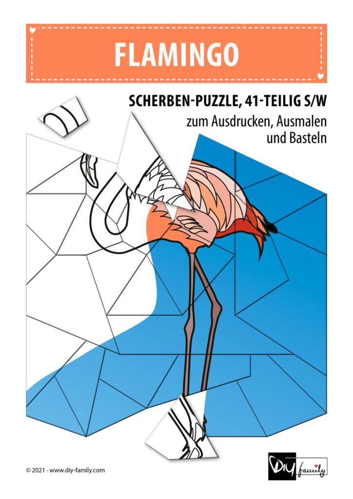Flamingo – Scherben-Puzzle zum Ausdrucken, Ausschneiden und Ausmalen