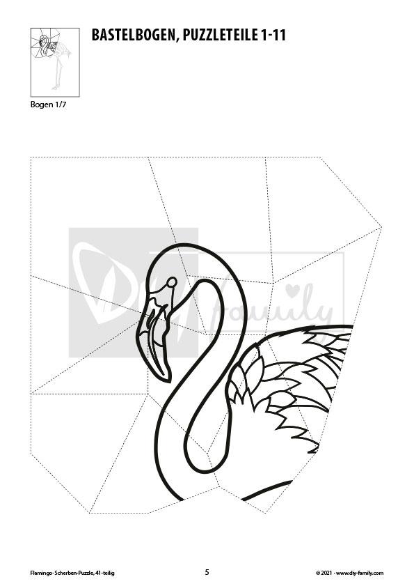 Flamingo – Scherben-Puzzle zum Ausdrucken, Ausschneiden und Ausmalen