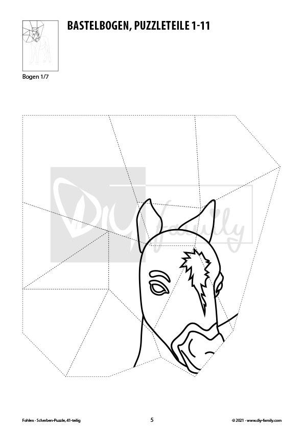 Fohlen – Scherben-Puzzle zum Ausdrucken, Ausschneiden und Ausmalen