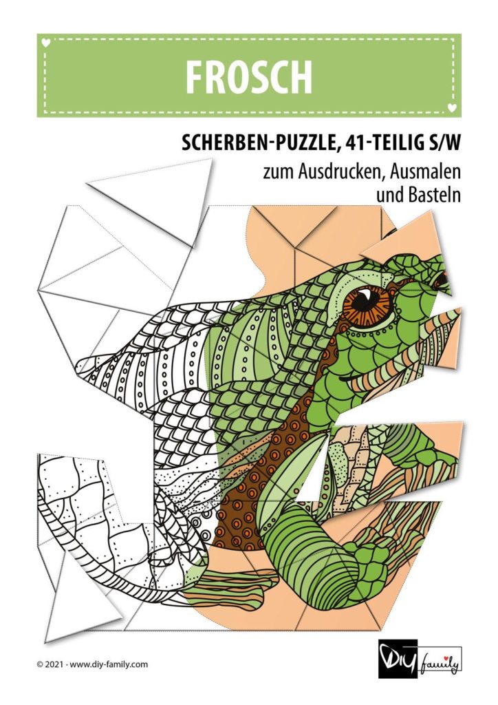 Frosch – Scherben-Puzzle zum Ausdrucken, Ausschneiden und Ausmalen