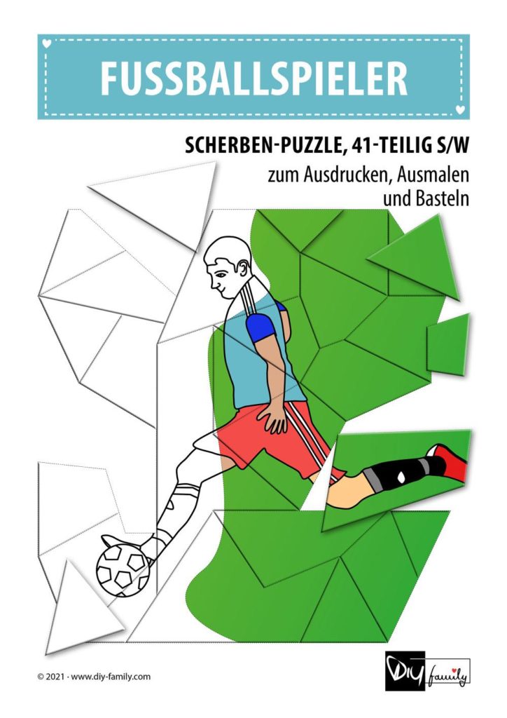 Fussballspieler – Scherben-Puzzle zum Ausdrucken, Ausschneiden und Ausmalen