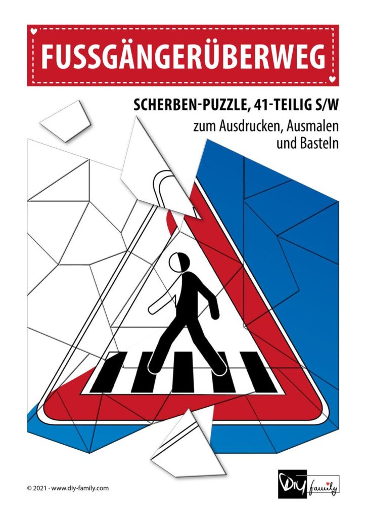 Fußgängerüberweg – Scherben-Puzzle zum Ausdrucken, Ausschneiden und Ausmalen