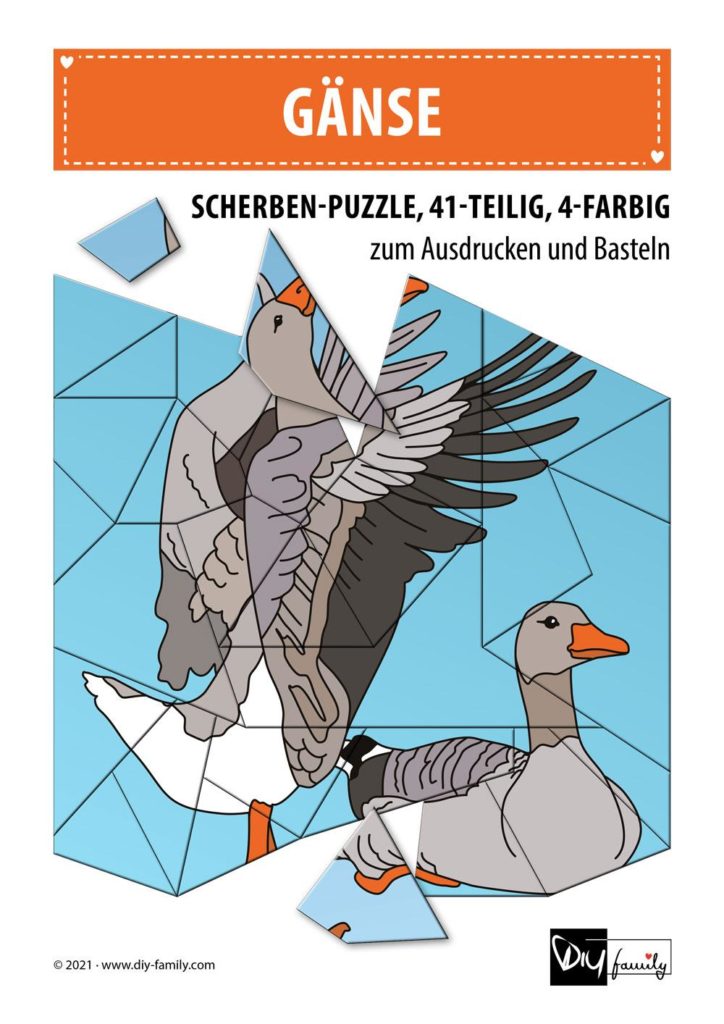 Gänse – Scherben-Puzzle zum Ausdrucken und Ausschneiden