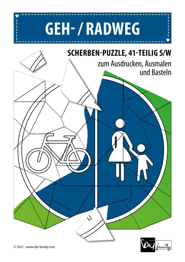 Geh-Radweg – Scherben-Puzzle zum Ausdrucken, Ausschneiden und Ausmalen