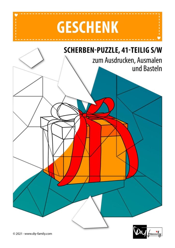 Geschenk – Scherben-Puzzle zum Ausdrucken, Ausschneiden und Ausmalen