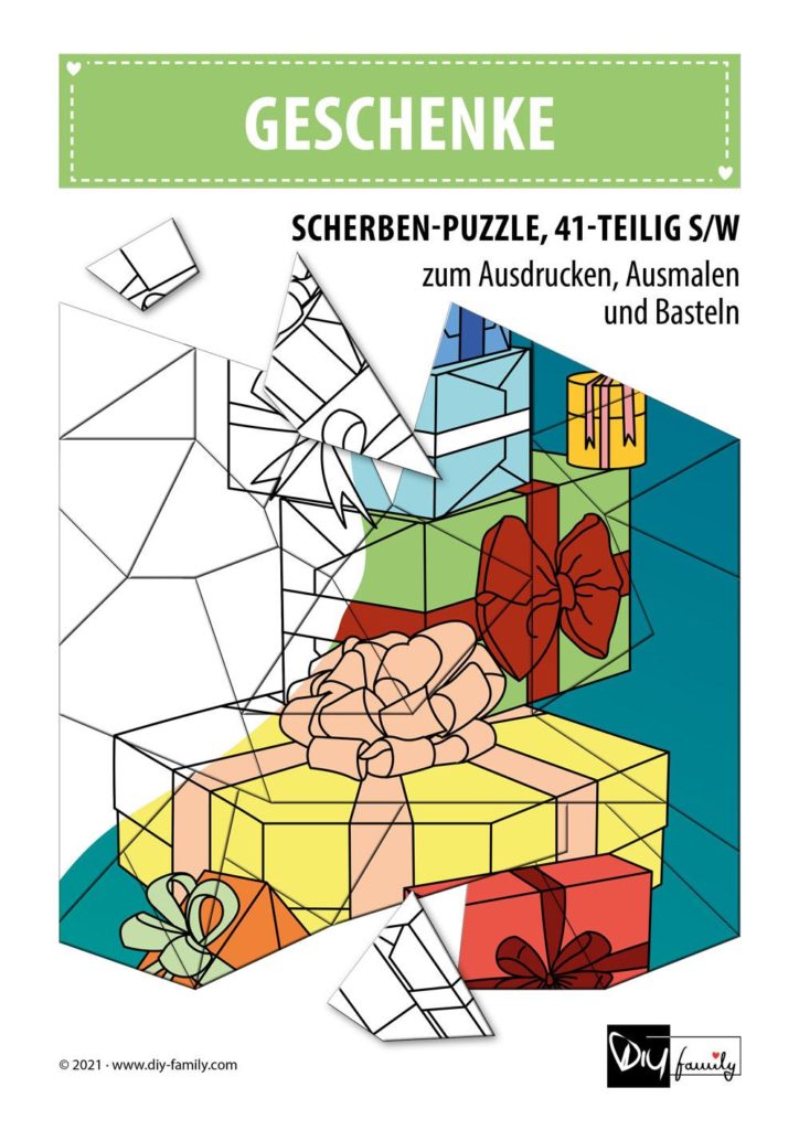 Geschenke – Scherben-Puzzle zum Ausdrucken, Ausschneiden und Ausmalen