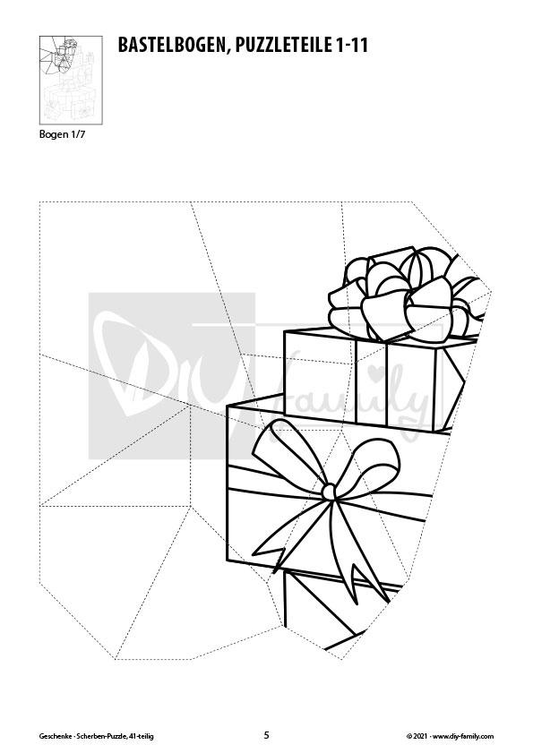 Geschenke – Scherben-Puzzle zum Ausdrucken, Ausschneiden und Ausmalen