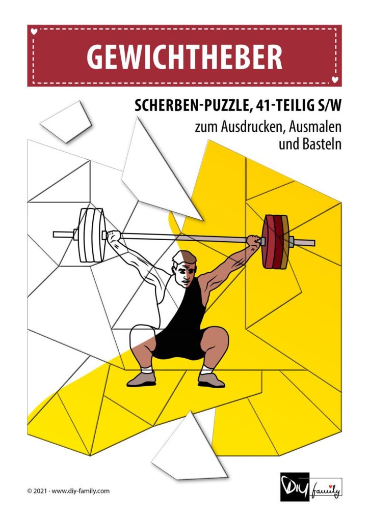 Gewichtheber – Scherben-Puzzle zum Ausdrucken, Ausschneiden und Ausmalen