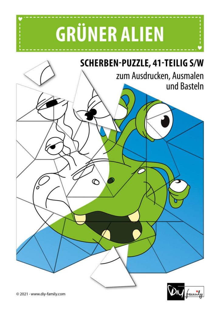 Grüner Alien – Scherben-Puzzle zum Ausdrucken, Ausschneiden und Ausmalen