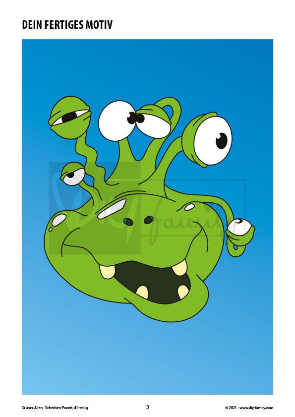 Grüner Alien – Scherben-Puzzle zum Ausdrucken, Ausschneiden und Ausmalen