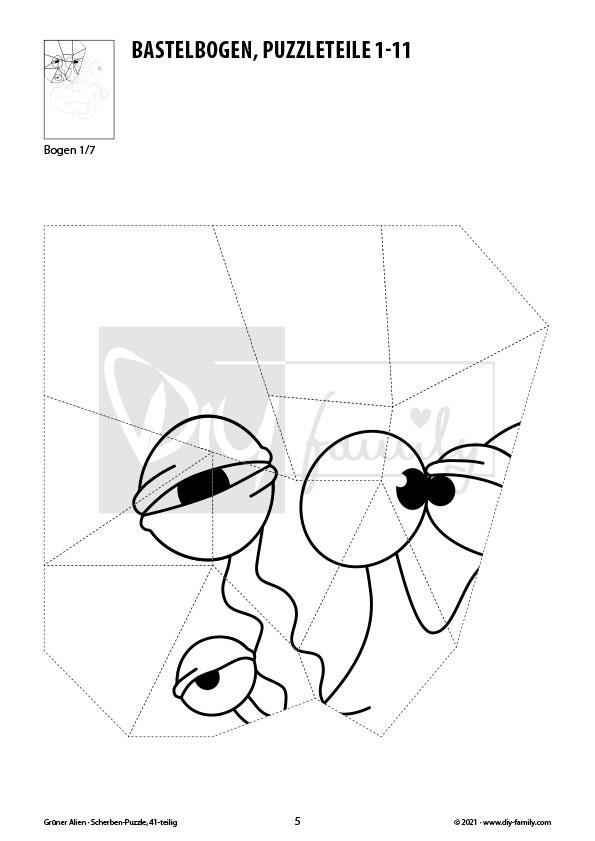 Grüner Alien – Scherben-Puzzle zum Ausdrucken, Ausschneiden und Ausmalen