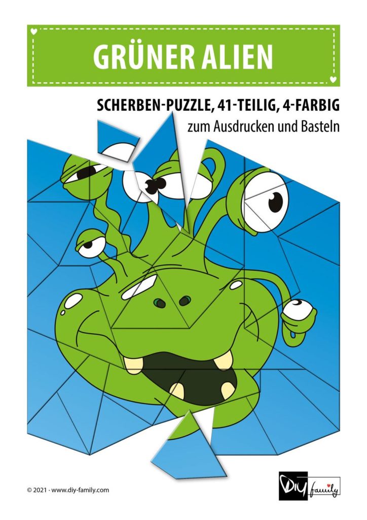 Grüner Alien – Scherben-Puzzle zum Ausdrucken und Ausschneiden