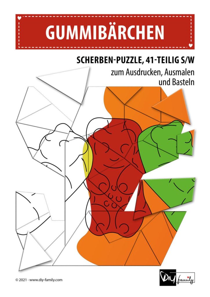 Gummibärchen – Scherben-Puzzle zum Ausdrucken, Ausschneiden und Ausmalen