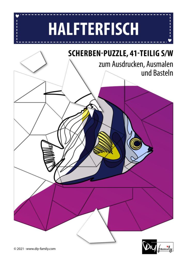 Halfterfisch – Scherben-Puzzle zum Ausdrucken, Ausschneiden und Ausmalen