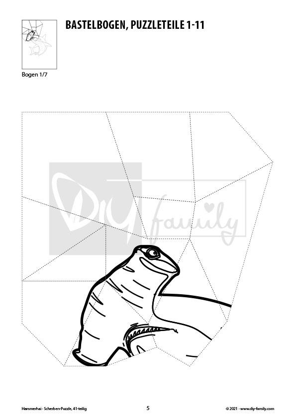Hammerhai – Scherben-Puzzle zum Ausdrucken, Ausschneiden und Ausmalen