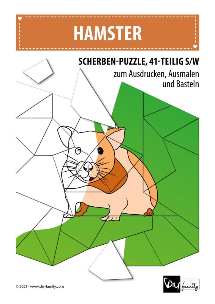Hamster – Scherben-Puzzle zum Ausdrucken, Ausschneiden und Ausmalen