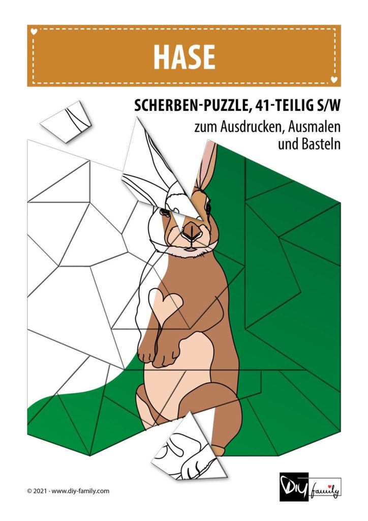 Hase – Scherben-Puzzle zum Ausdrucken, Ausschneiden und Ausmalen