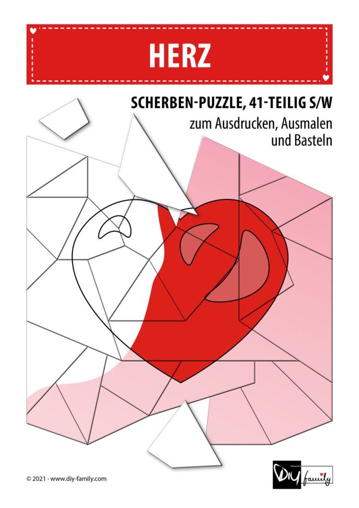 Herz – Scherben-Puzzle zum Ausdrucken, Ausschneiden und Ausmalen