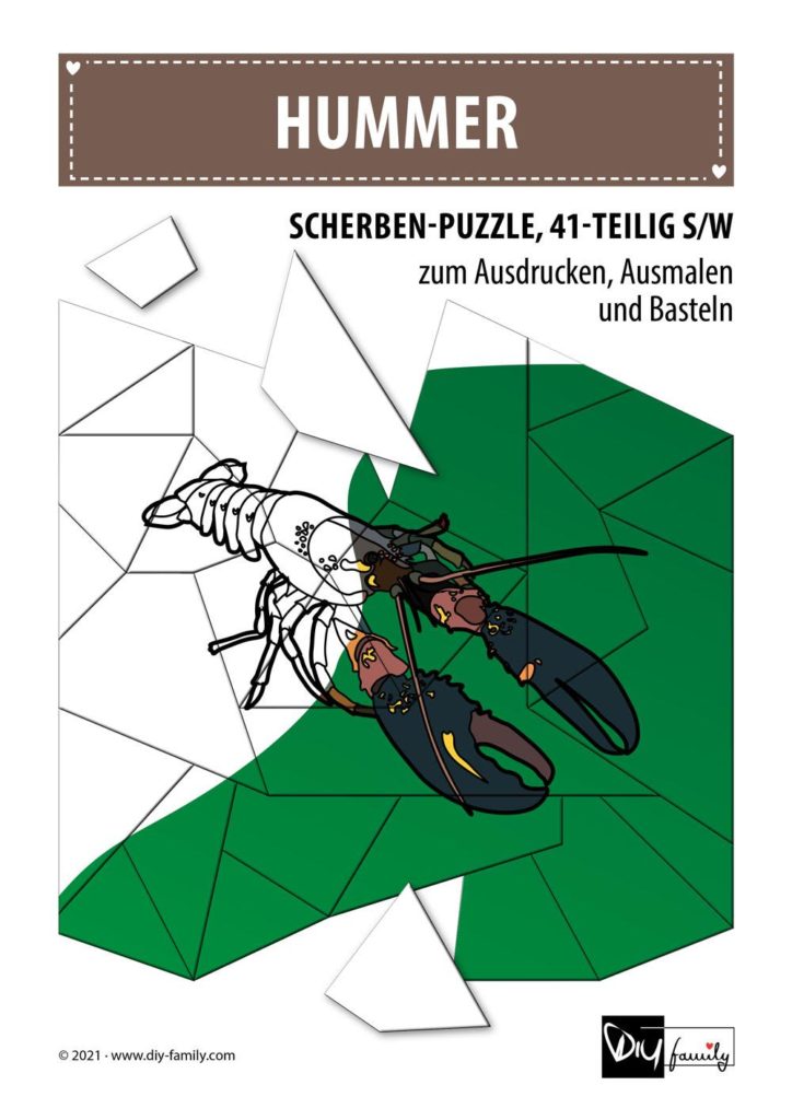 Hummer – Scherben-Puzzle zum Ausdrucken, Ausschneiden und Ausmalen