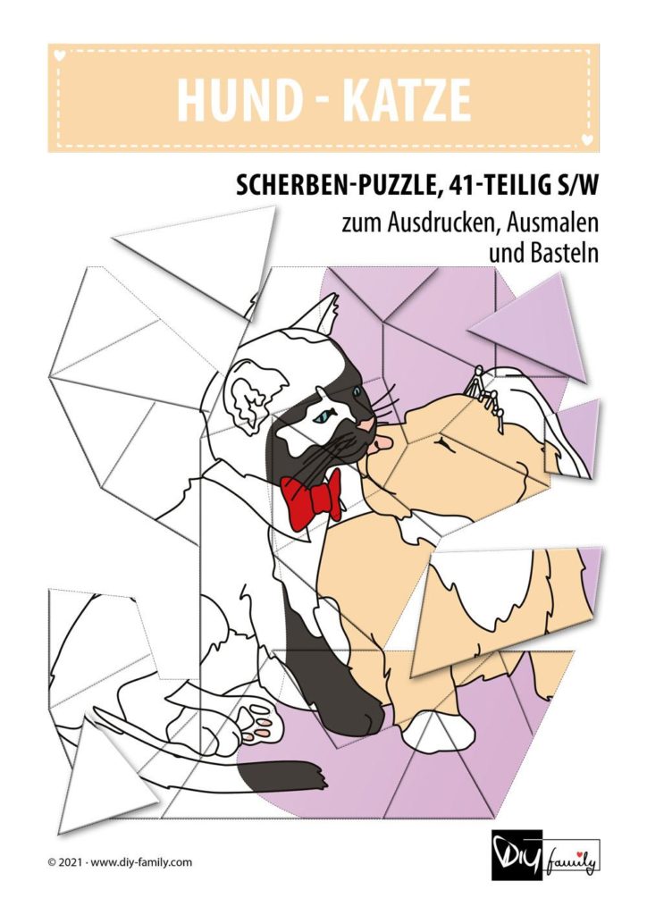 Hund-Katze – Scherben-Puzzle zum Ausdrucken, Ausschneiden und Ausmalen