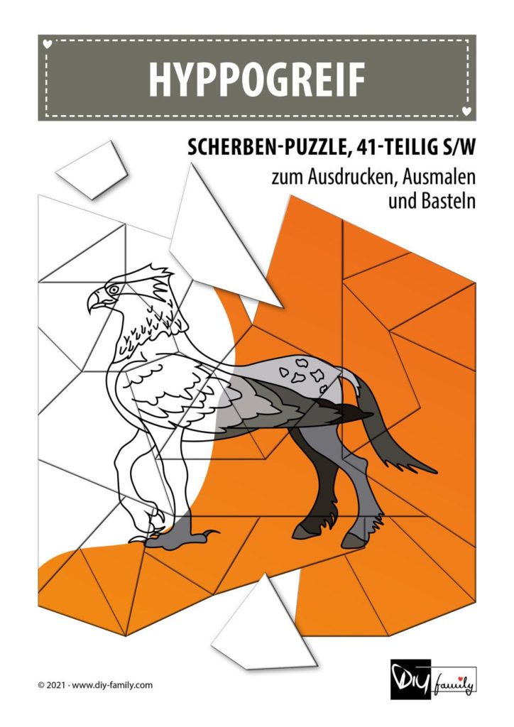 Hyppogreif – Scherben-Puzzle zum Ausdrucken, Ausschneiden und Ausmalen