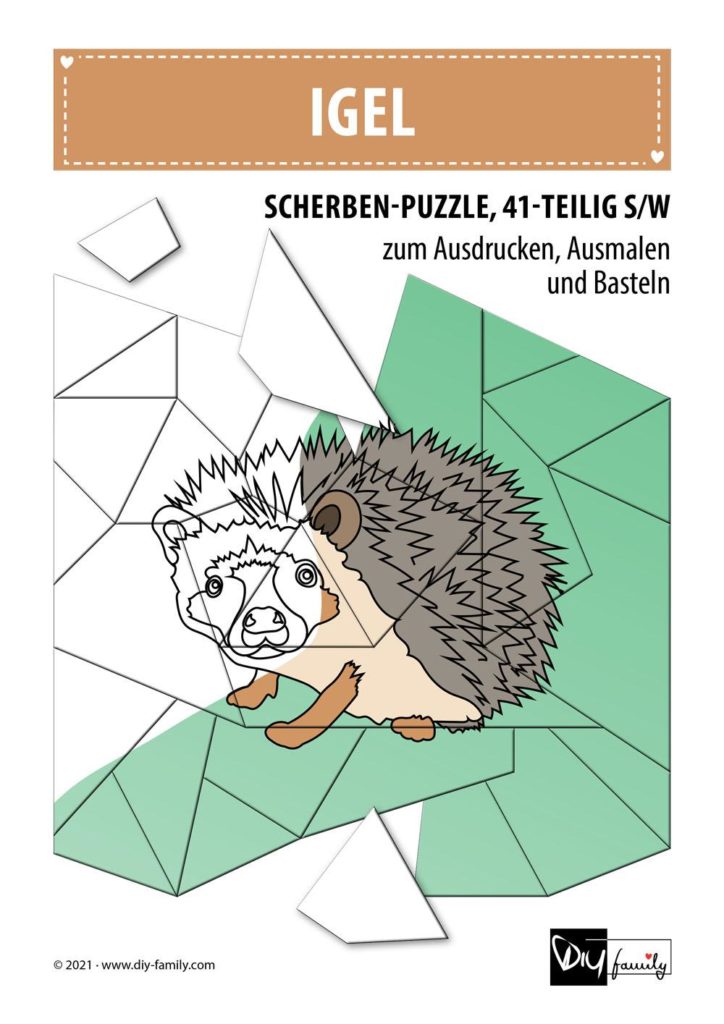 Igel – Scherben-Puzzle zum Ausdrucken, Ausschneiden und Ausmalen