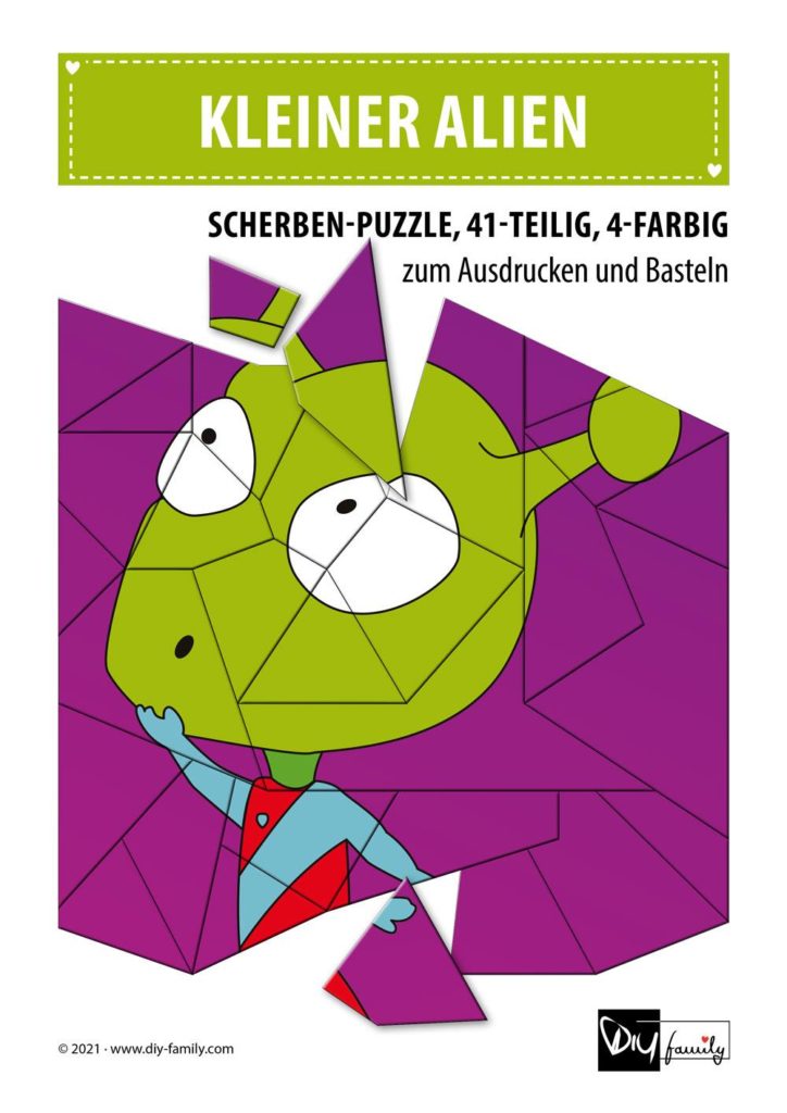 Kleiner Alien – Scherben-Puzzle zum Ausdrucken und Ausschneiden
