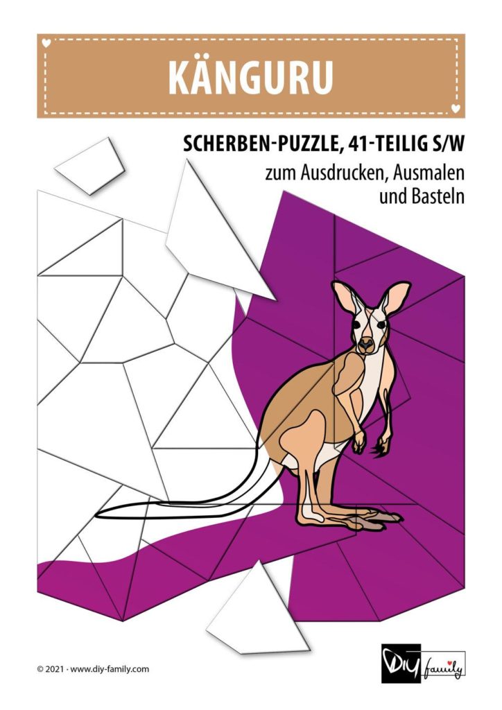 Känguru – Scherben-Puzzle zum Ausdrucken, Ausschneiden und Ausmalen