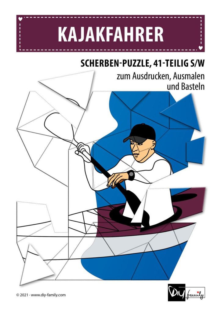 Kajakfahrer – Scherben-Puzzle zum Ausdrucken, Ausschneiden und Ausmalen
