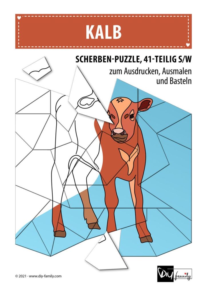 Kalb – Scherben-Puzzle zum Ausdrucken, Ausschneiden und Ausmalen