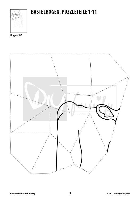 Kalb – Scherben-Puzzle zum Ausdrucken, Ausschneiden und Ausmalen