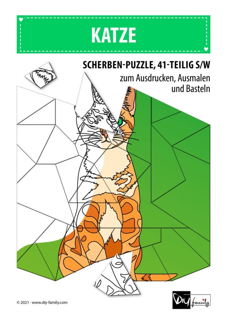 Katze – Scherben-Puzzle zum Ausdrucken, Ausschneiden und Ausmalen