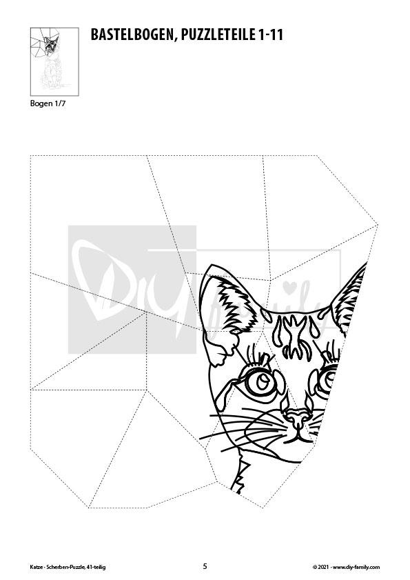 Katze – Scherben-Puzzle zum Ausdrucken, Ausschneiden und Ausmalen