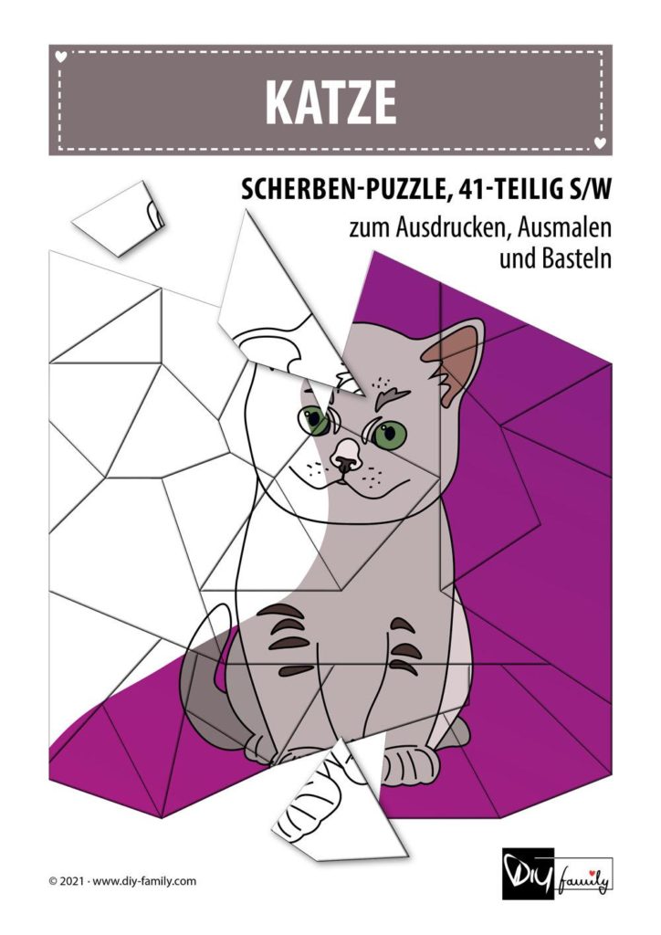 Katze – Scherben-Puzzle zum Ausdrucken, Ausschneiden und Ausmalen