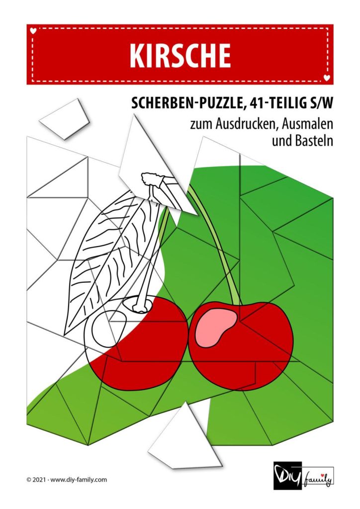 Kirsche – Scherben-Puzzle zum Ausdrucken, Ausschneiden und Ausmalen